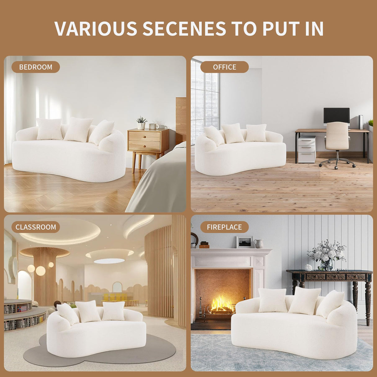 Thctvous 65” Beige Curved Loveseat Sofa with Round Armrest, Compression Couch with 3 Pillows, Cream Couch for Small Space, Living Room, Bedroom, Memory Foam, Chenille, No Assembly (Beige, 65") Thctvous