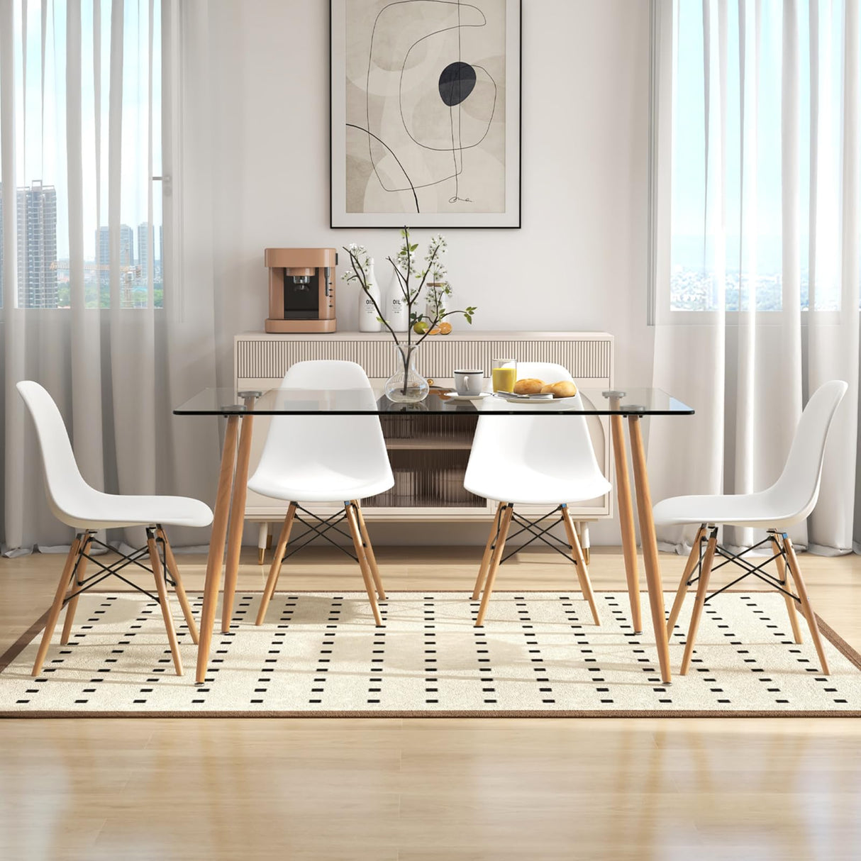 Giantex Dining Table Set for 4, Rectangular Glass Dining Table & 4 White DSW Chairs, 5-Piece Modern Dinette Set for Breakfast Nook, Dining Room, Kitchen, Living Room, White Giantex