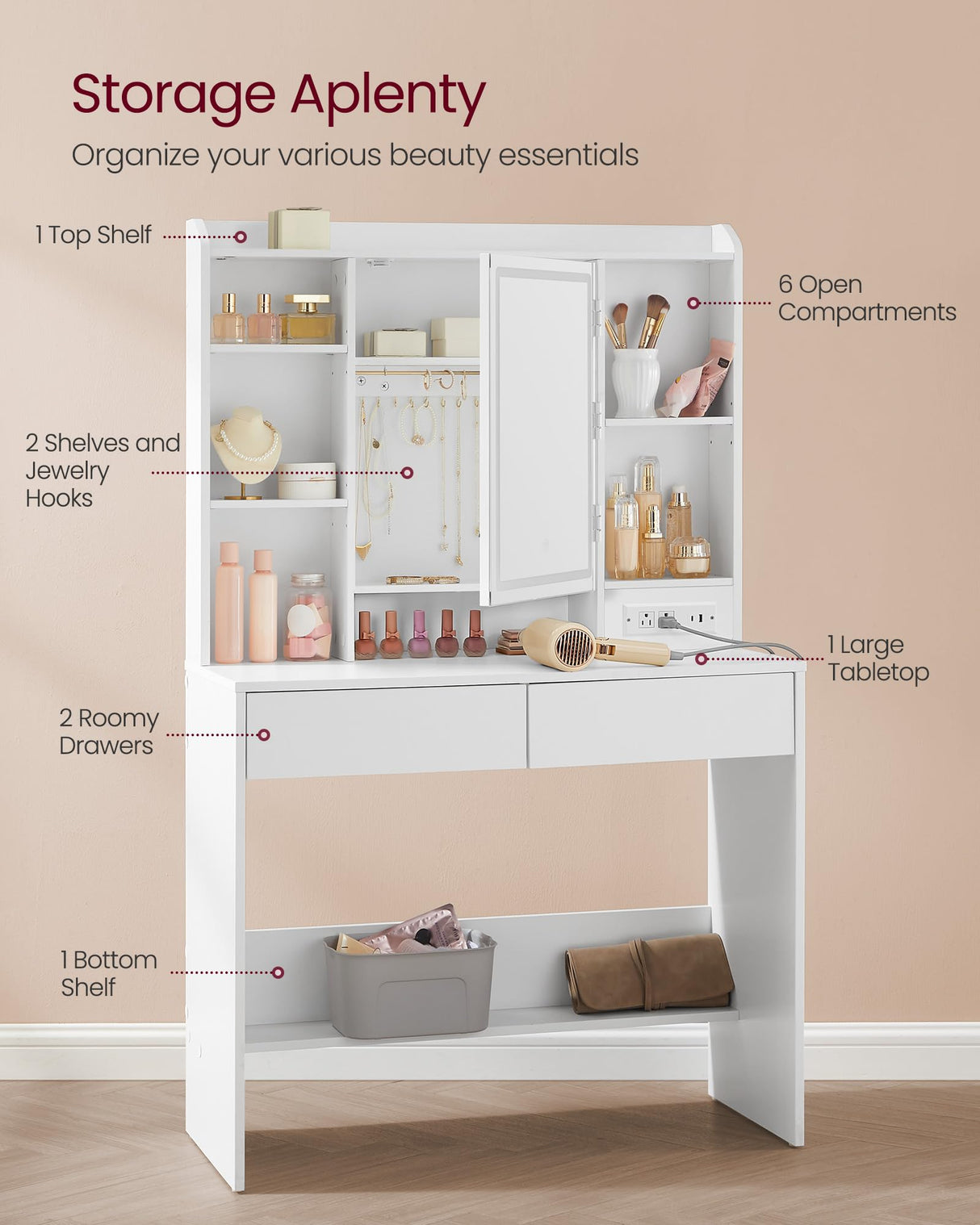 VASAGLE Vanity Desk with Power Outlets, Makeup Vanity with Mirror and Lights, Upholstered Vanity Stool, Dimmable LED Lights, 6 Compartments, 2 Drawers, for Bedroom, Cloud White URDT031W01 VASAGLE