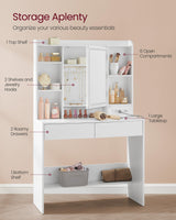 VASAGLE Vanity Desk with Power Outlets, Makeup Vanity with Mirror and Lights, Upholstered Vanity Stool, Dimmable LED Lights, 6 Compartments, 2 Drawers, for Bedroom, Cloud White URDT031W01 VASAGLE