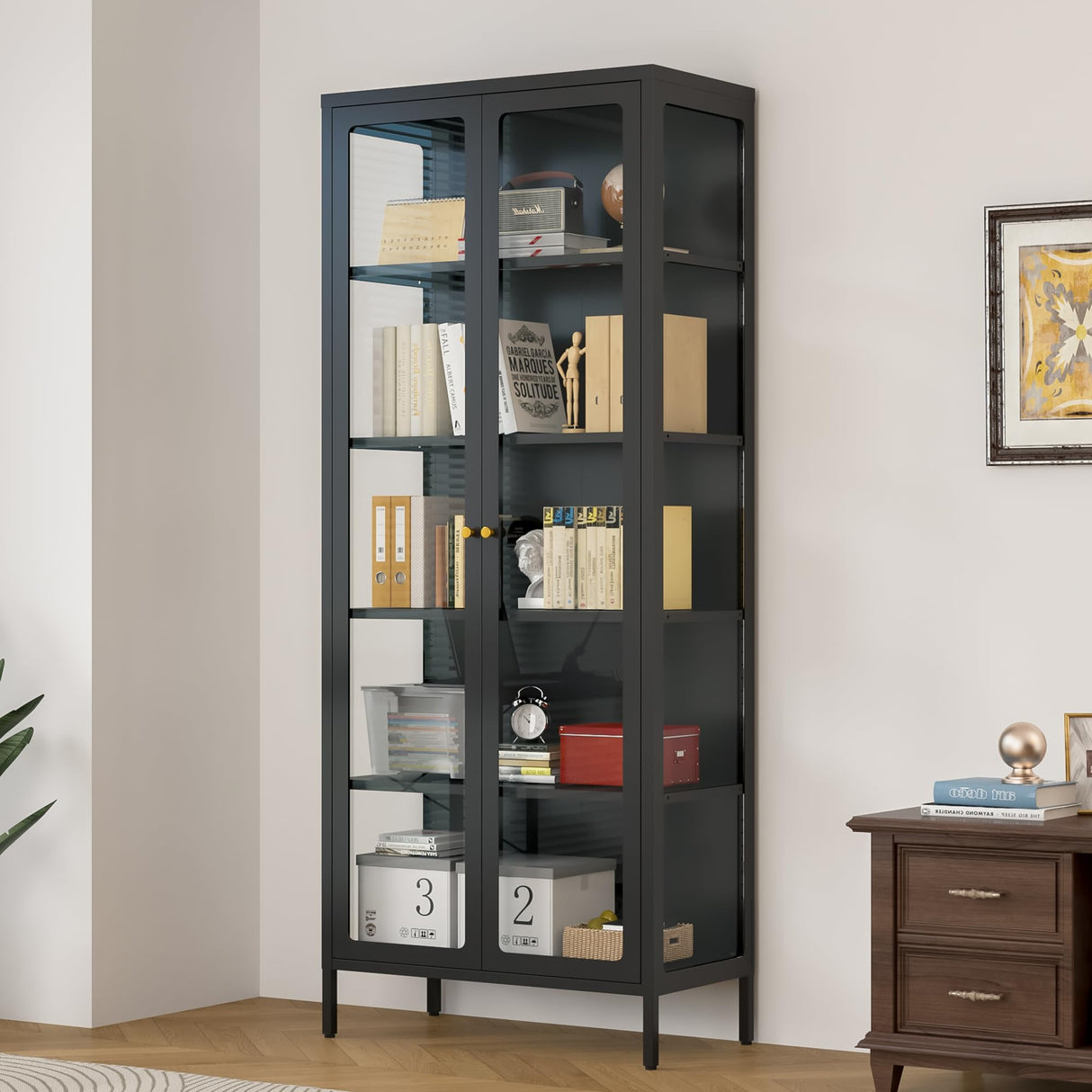 Desirable Life 5 Tier Glass Display Cabinet with 12 Color LED Lights, 67" Lighted Curio Cabinet with Glass Doors & Adjustable Shelves, Tall Metal Glass Display Case for Collectibles - Black Desirable Life