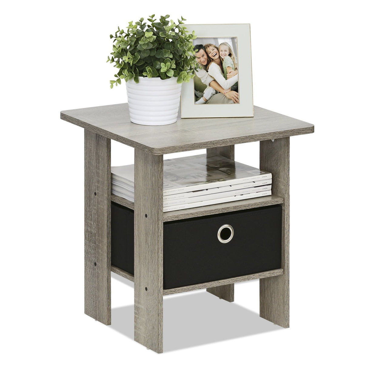 Furinno Andrey End Table / Side Table / Night Stand / Bedside Table with Bin Drawer, French Oak Grey/Black Furinno