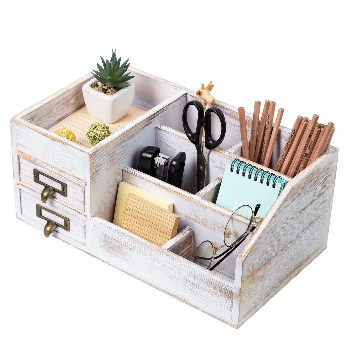 Distressed Rustic Wooden Office Desktop Organizer Shelf Tabletop Home Organizer Storage with Multiple Compartments 2 Tier Drawers perfect Jewelry storage Display Box for Desk Vanity (Washed white) VERGOODR