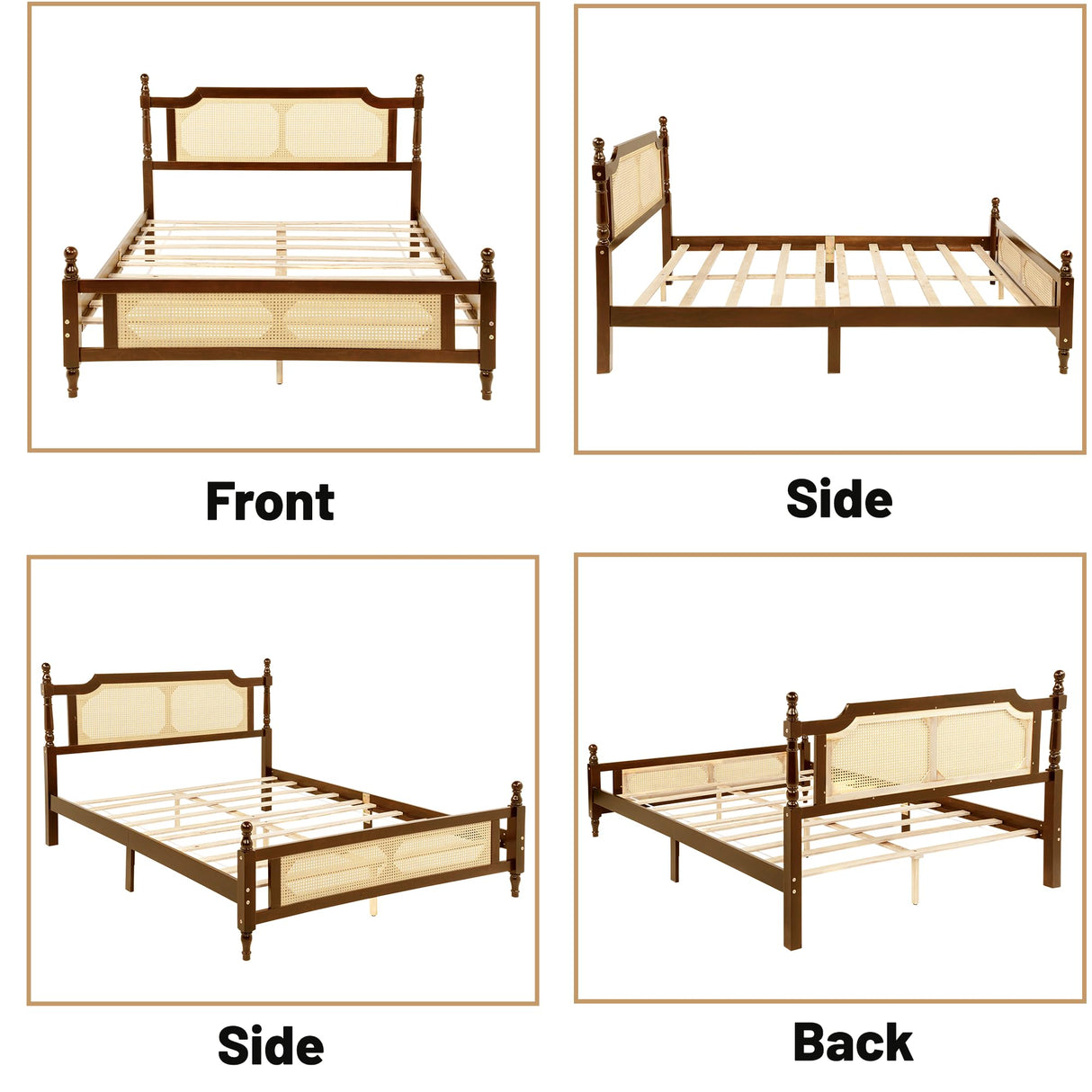 MoproBeti Queen Bed Frame with Rattan Headboard and Footboard, Rubber Wood Platform Bed Frame with Large Under Bed Storage,Boho and Mid Century Style, No Box Spring Needed, Easy Assembly,Walnut MoproBeti