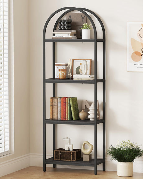 Yusong Bookshelf 4 Tier Arched Bookcase, 71.3" Tall Industrial Open Book Shelves for Living Room, Modern Freestanding Display Shelving Unit Storage Rack with Metal Frame, Office, Bedroom, Black Yusong