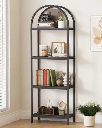Yusong Bookshelf 4 Tier Arched Bookcase, 71.3" Tall Industrial Open Book Shelves for Living Room, Modern Freestanding Display Shelving Unit Storage Rack with Metal Frame, Office, Bedroom, Black
