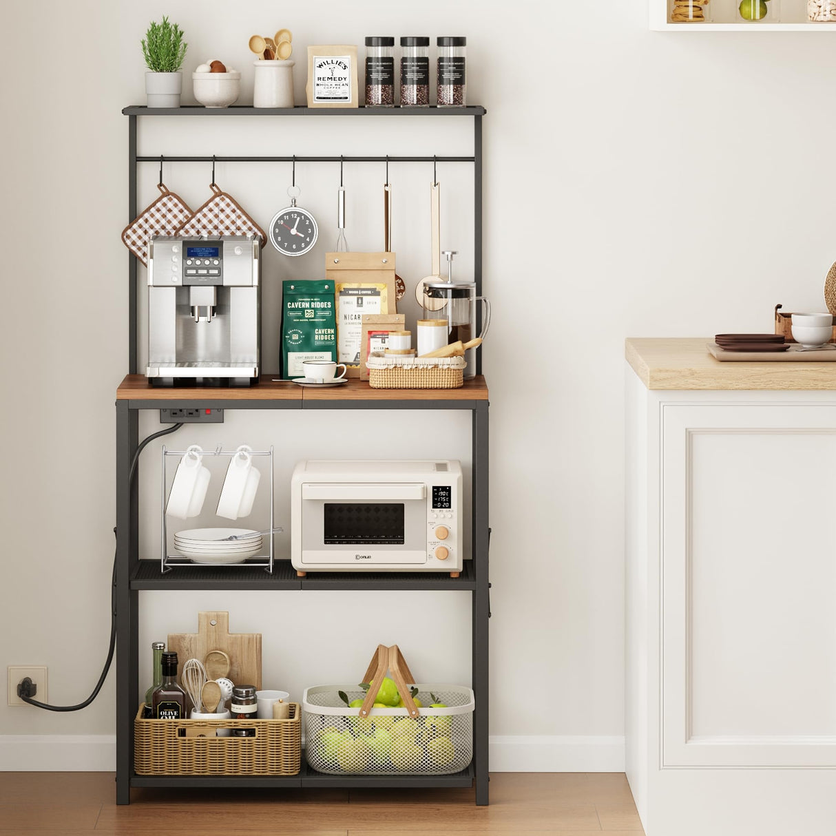 Txecpro kitchen Bakers Rack with Power Outlet, Coffee Bar Table 4 Tiers, Microwave Stand with 6 S-shaped Hooks, Kitchen Storage Shelf Rack for Spices, Pots and Pans，25.6" L x 12" W x 53.5" H Txecpro