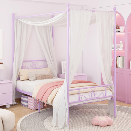 Weehom Twin Canopy Bed Frame with Headboard and Footboard, 4 Posters Metal Bed Frame, No Box Spring Needed, Mattress Foundation Platform Bed for Kids and Adults, Purple Weehom