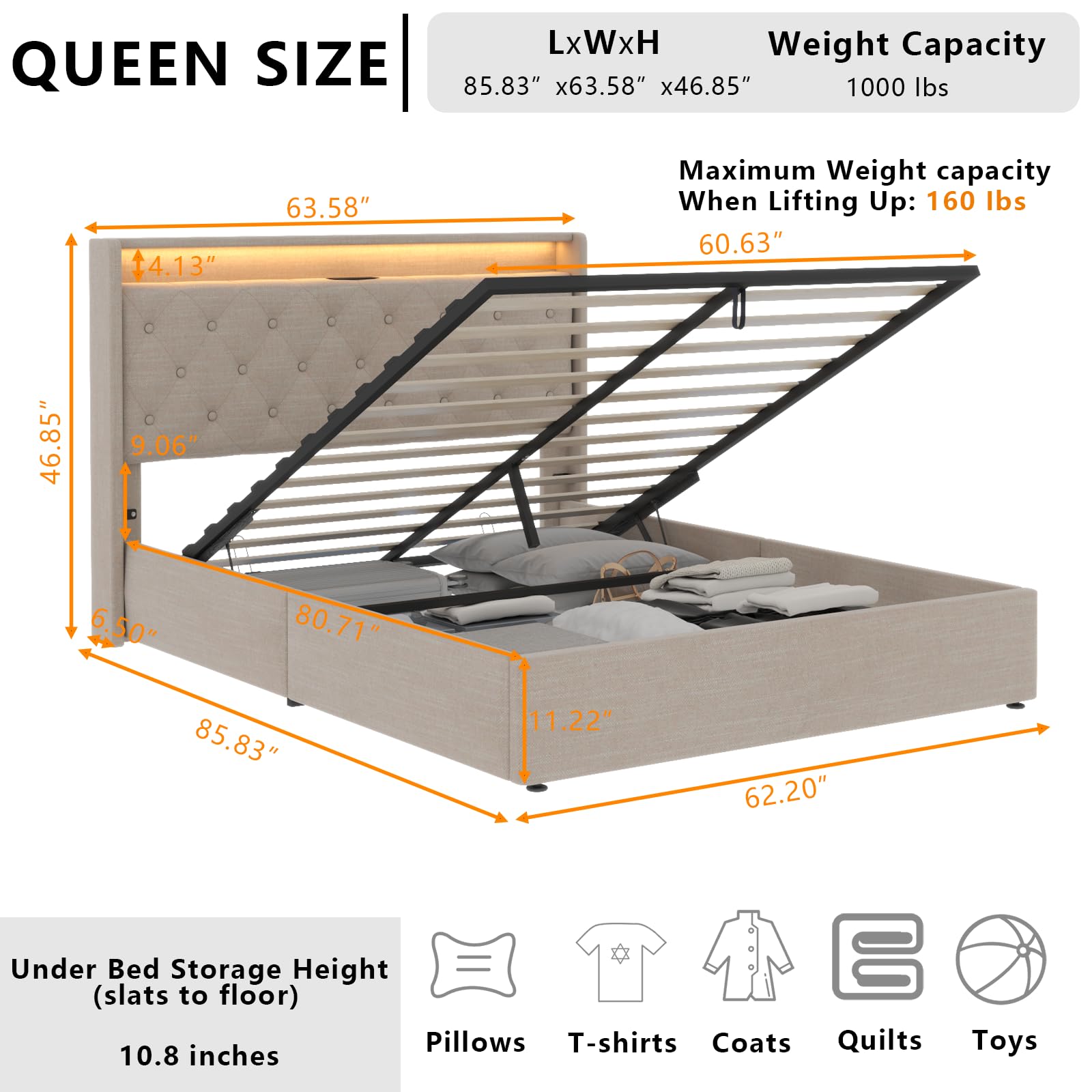 Loomie Upholstered Queen Bed Frame with Lift-Up Storage, LED Lights & Charging Station in Beige - WoodArtSupply