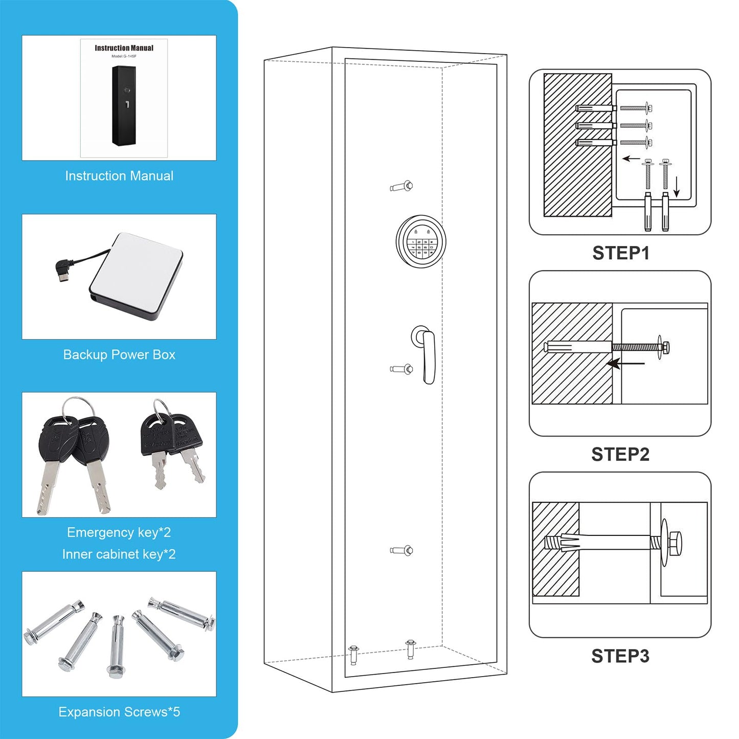 Marcree 5 Gun Safe for Rifles, Gun Cabinet with Drawer, Long Gun Safe with Dual Alarm System, Rifle Safes for Home, Shotgun Safe with LED Light, Rifle Safe with Mute Function