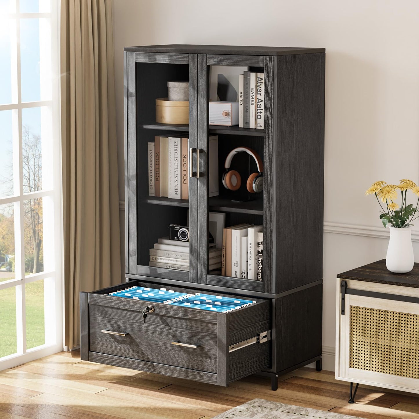 VINGLI Black Lateral File Cabinet with Glass Doors and Locking Drawer for Home Office Storage - WoodArtSupply