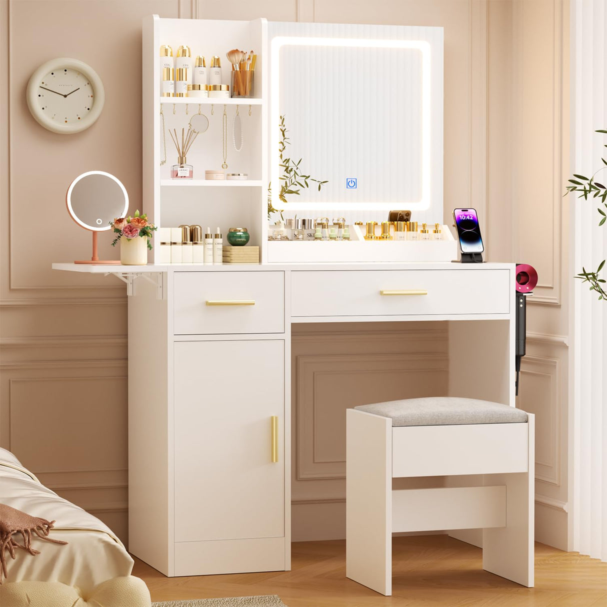 ERLEJIA Vanity Desk with Mirror and Lights & Extral Foldable Desk, 35.43" & 43.3" Makeup Vanity Table with Stool and Plug Outlet, 5 Drawers and Open Shelves Dressing Table for Bedroom, White and Gold ERLEJIA