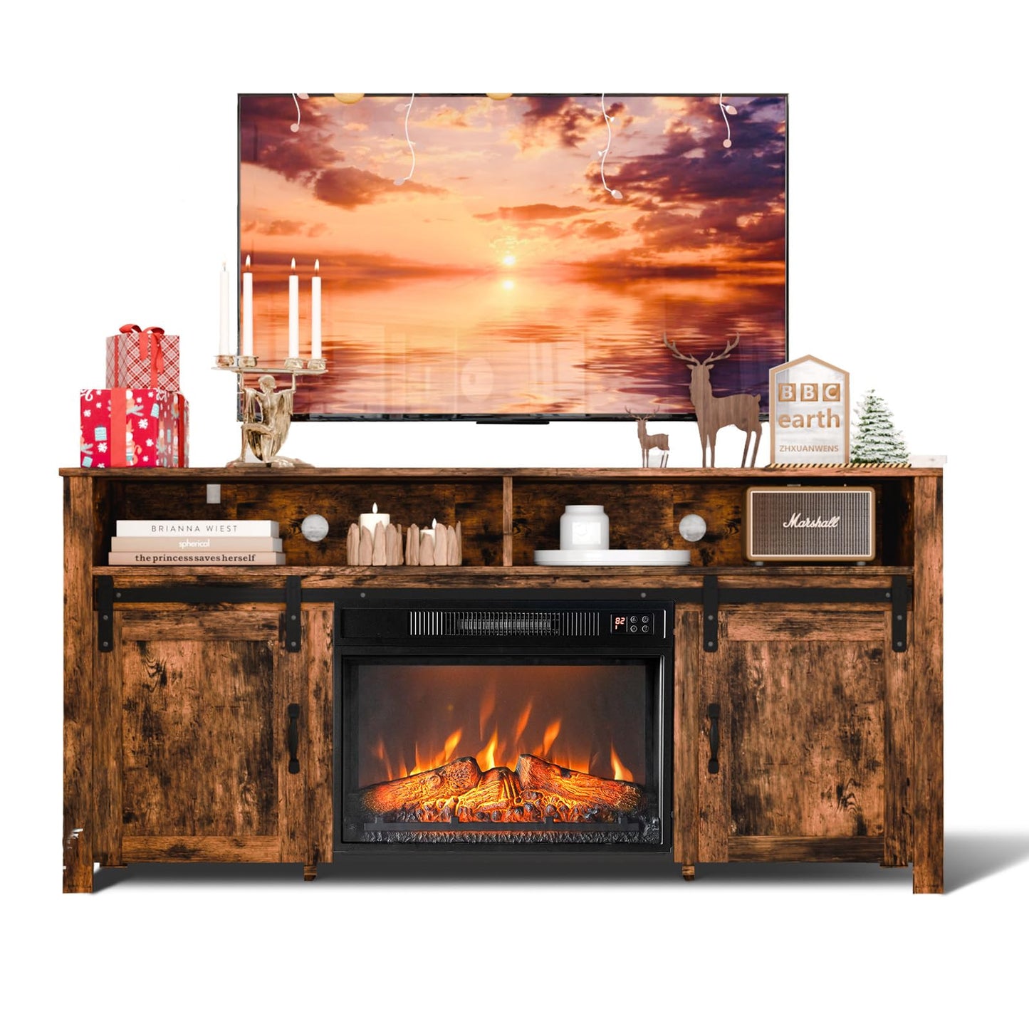 VINGLI Fireplace TV Stand with Sliding Barn Door for 70 Inch TV, Farmhouse Entertainment Center with 23" Fireplace, Rustic Media Console Table with Storage Cabinets for Living Room, Rustic Brown