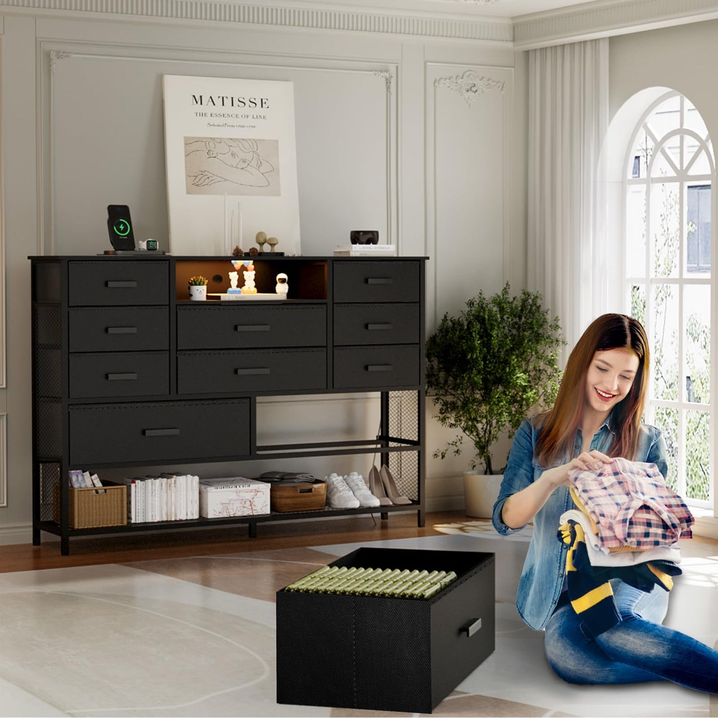 Harpaq Black Dresser for Bedroom with 10 Drawers, Dresser with Charging Station, TV Stand Dresser with LED Light for 55" TV, Fabric Drawer Dresser with PU Finish, Dresser with Shelves for Closet