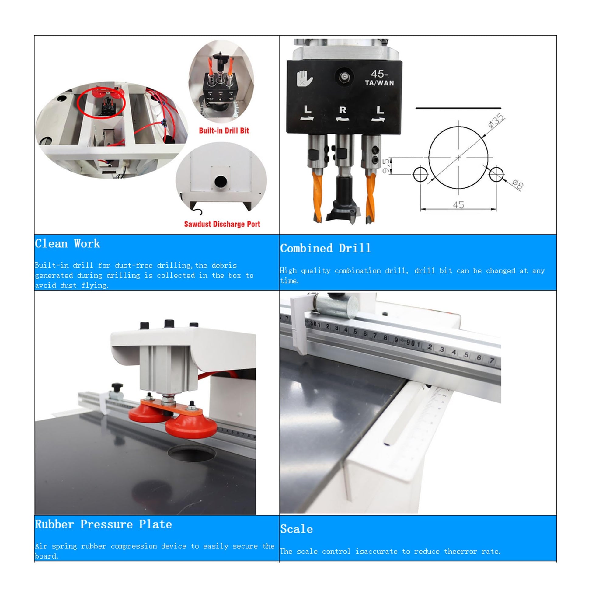 BREVELTION 110V Pneumatic Hinge Machine Woodworking Hinge Drilling Machine for Drilling Processing of Cabinets Wardrobes 45-9.5 Combined Drill 1.5KW - WoodArtSupply