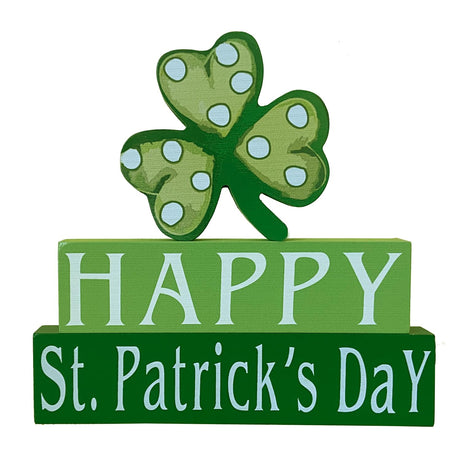 Happy St. Patrick's Day Wood Block Table Sign, Wooden Shamrock Table Top Decorations Tiered Trays Desk Shelf Irish Home Office Coffee Bar Decor 3 Pieces Green OEQSHMY
