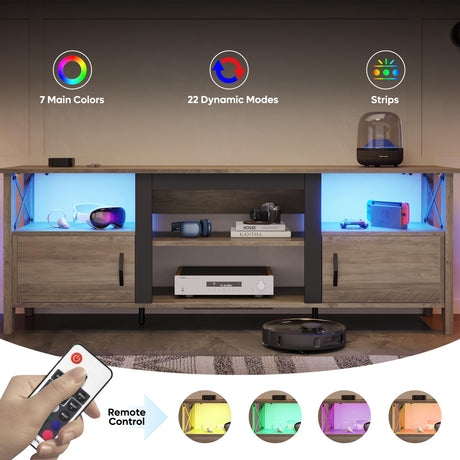 Bestier Farmhouse TV Stand for 70 inch TV, Gaming Entertainment Center with LED Lights, TV Console with 2 Storage Cabinets and Shelf for Living Room, 63'' Inch, Grey Wash Bestier