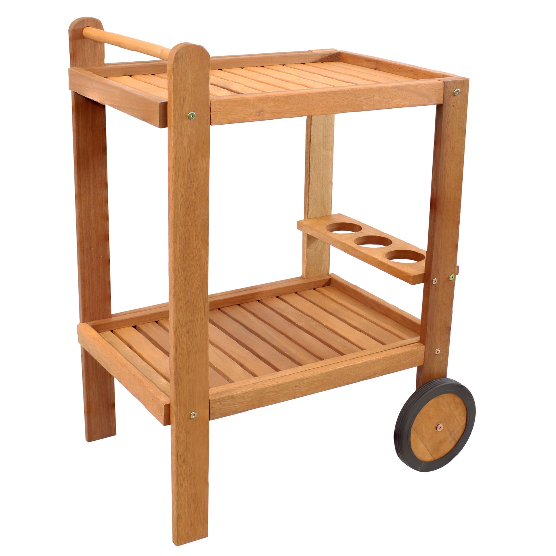 Sunnydaze Indoor/Outdoor Wood Bar Cart with Wheels - Malaysian Hardwood with Teak Oil Finish - 27.5" Wide x 35.5" High - WoodArtSupply