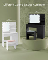 VASAGLE Vanity Desk with Mirror and Lights, 43.3-Inch Wide Makeup Vanity with Upholstered Vanity Stool, Power Outlets, Dimmable LED Lights, Storage Drawer, for Bedroom, Ink Black URDT628B01 VASAGLE