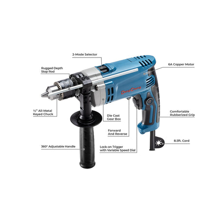 DongCheng Hammer Drill 6A,1/2 Inch Keyed Chuck, 0-3000 RPM/45000 BPM Impact Drill with 15PCS Drilling Bits for Concrete，Metal & Wood, DZJ05-13 Dong Cheng