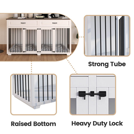 DAWNSPACES Dog Crate Furniture, 72 Inch Heavy Duty Wooden Large Dog Kennel with Drawers & Divider, Indoor Furniture Style Dog Crate with Double Rooms for Large Medium Small Dogs, White DAWNSPACES