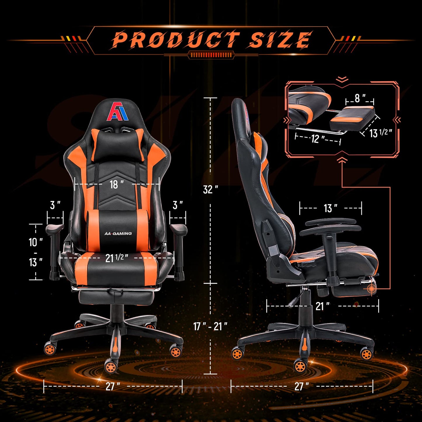 AA Products Gaming Chair Ergonomic High Back Computer Racing Chair Adjustable Office Chair with Footrest, Lumbar Support Swivel Chair - BlackOrange