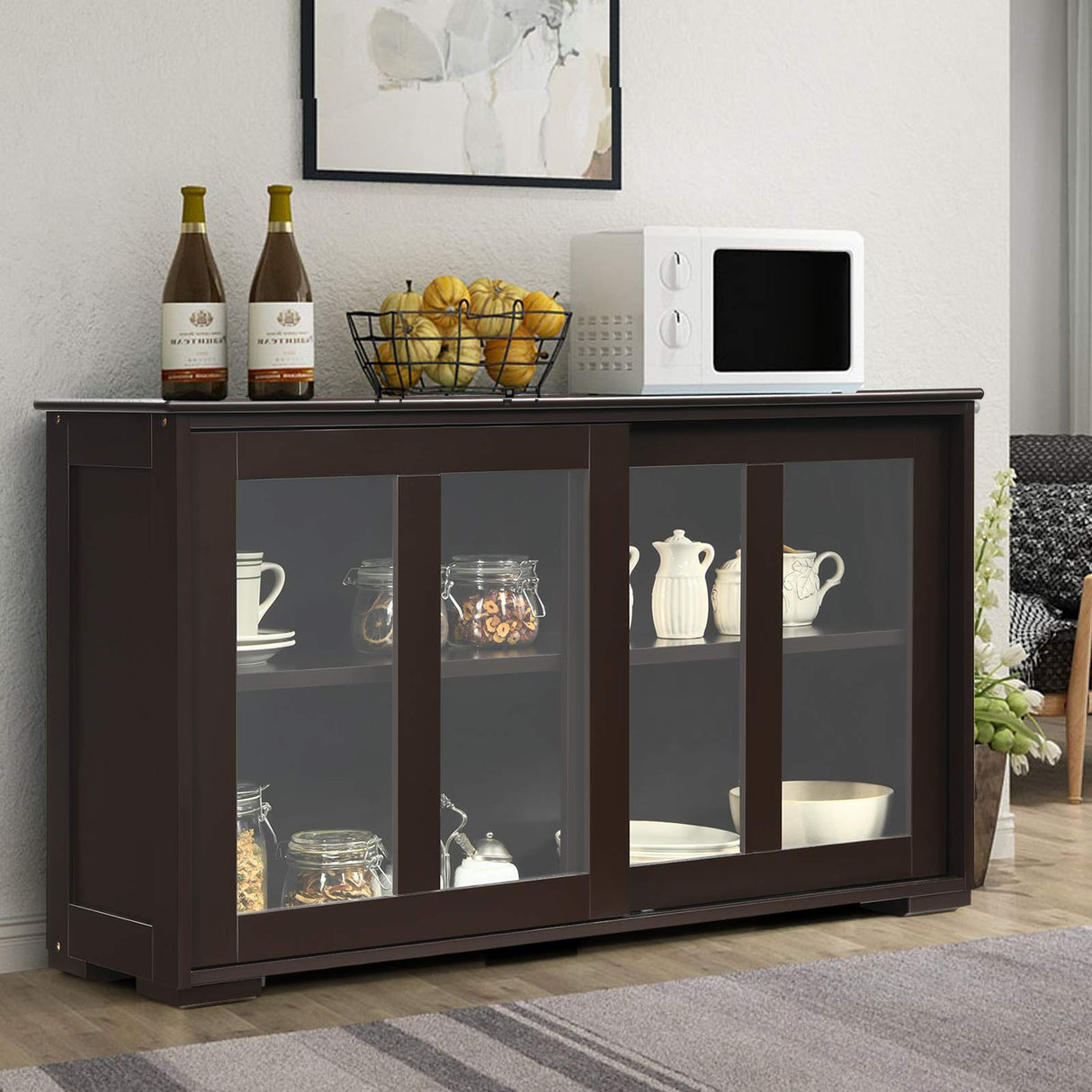 Costzon Sideboard Buffet Cabinet, Wooden Kitchen Storage Cabinet with Adjustable Shelf, Sliding Glass Doors, Accent Coffee Bar Cabinet Console Table for Living Room, Dining Room, Hallway (Coffee) Costzon
