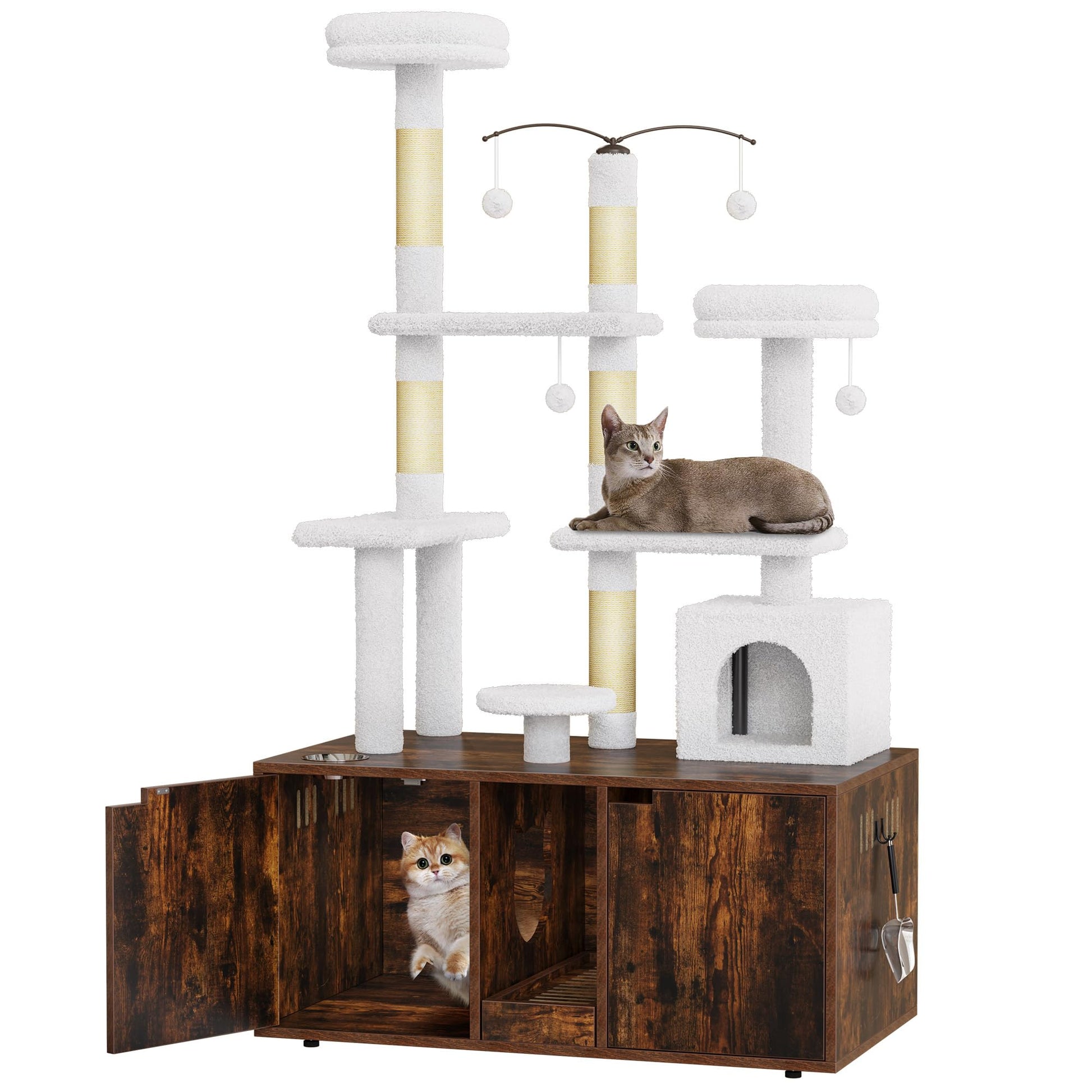 DWVO Double Cat Litter Box Enclosure with Cat Tree, Litter Box Furniture Hidden for 2 Cats, All-in-one Wooden Litter Box Furniture with Cat Tower Condo Food Station and Large Platform, Rustic - WoodArtSupply