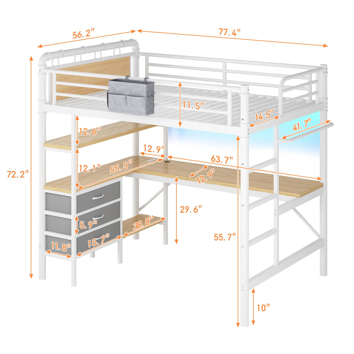 Jocoevol Full Size Loft Bed with L-Shaped Desk, LED Lights,Charging Station, Industrial Heavy Duty Metal Loft Bed Frame with 3 Storage Shelves and 3 Fabric Drawers, Safety Guard & Ladder, White Jocoevol