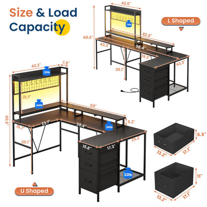 UPOSOJA U Shaped Gaming Desk with Hutch, 98.4in Reversible L Shaped Computer Desk with Power Outlets, Home Office Desk LED Light, Monitor Stand 3 Drawers Shelves 6 Hooks(Texture Black)