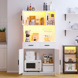 JDPAG LED Kitchen Pantry Cabinet with Outlets, Farmhouse Storage Cabinet with Drawers & Adjustable Shelves, Cupboard with Pegboard and Hooks for Dining Room (White), Large JDPAG