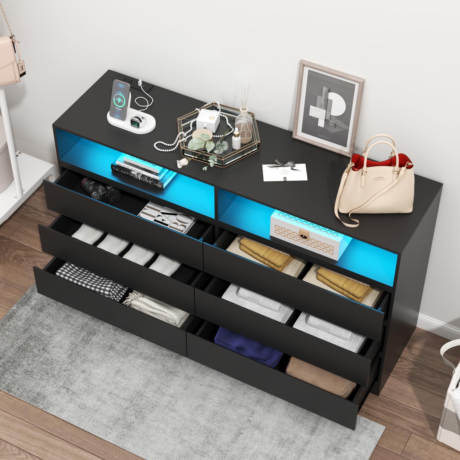 Gyfimoie 6 Drawers Dresser with Power Outlet, Black Chests of Drawers with LED Light, Modern Storage Dresser for Bedroom, Living Room - WoodArtSupply