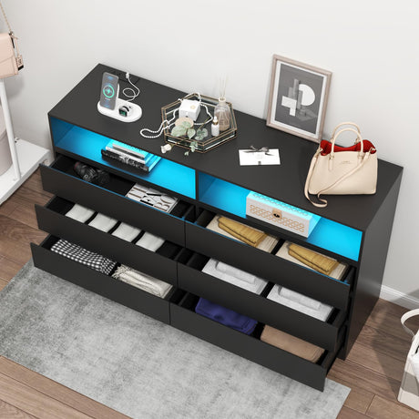Gyfimoie 6 Drawers Dresser with Power Outlet, Black Chests of Drawers with LED Light, Modern Storage Dresser for Bedroom, Living Room Gyfimoie