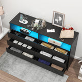 Gyfimoie 6 Drawer Double Dresser with Power Outlet, Accent Chests of Drawers with LED Light, Modern Storage Dresser for Bedroom, Living Room (Black) Gyfimoie