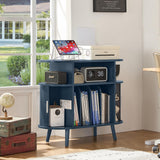 LELELINKY Large Round Record Player Stand with Charging Station & Fluted Display Shelf, Blue Mid Century Modern Turntable Cabinet with Vinyl Storage, Arched Wood Record Player Table for Living Room LELELINKY