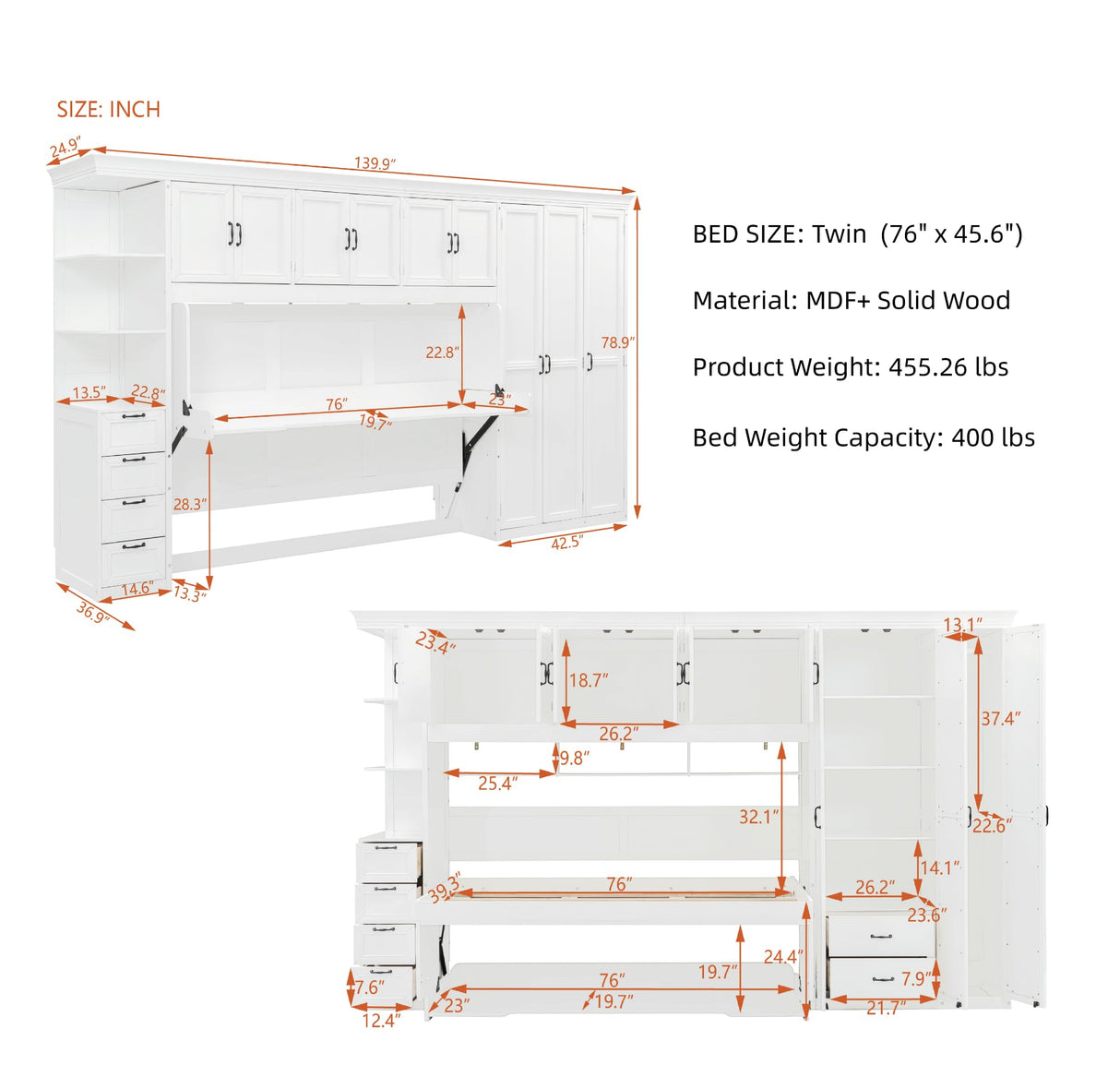 Merax Twin Size Murphy Bed with Desk, Multifunctional Wood Foldable Wall Bed with Wardrobe, Drawers and Cabinet, Space-Saving Hidden Bed for Guest Room Office, No Box Spring Needed, White Merax