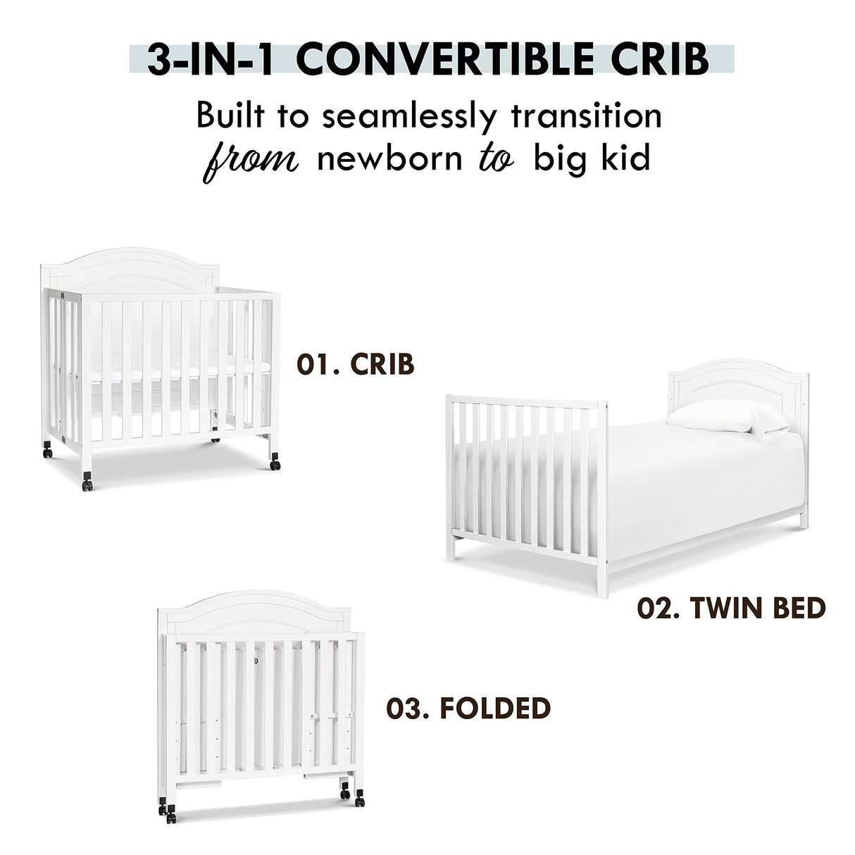 DaVinci Charlie Folding Portable 3-in-1 Convertible Mini Crib and Twin Bed in White, Removable Wheels, Greenguard Gold Certified DaVinci