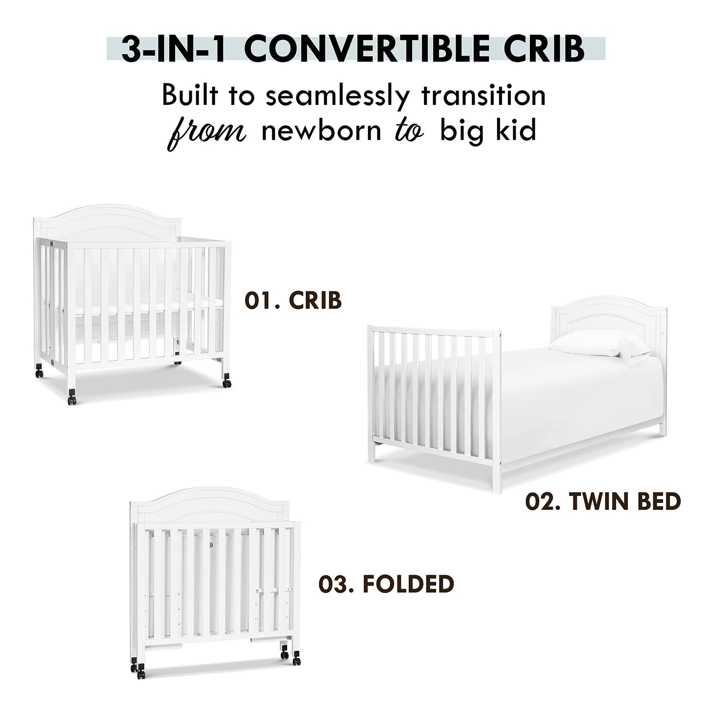 DaVinci Charlie Folding Portable 3-in-1 Convertible Mini Crib and Twin Bed in White, Removable Wheels, Greenguard Gold Certified