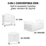 DaVinci Charlie Folding Portable 3-in-1 Convertible Mini Crib and Twin Bed in White, Removable Wheels, Greenguard Gold Certified DaVinci