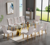SSLine Modern 9-Piece Glass Dining Table Set for 8 Luxury Gold Glass Kitchen Table and Chair Set for 8 Elegant 70" Large Dining Room Table with 8 Beige Tufted Chairs with Stainless Steel Base SSLine