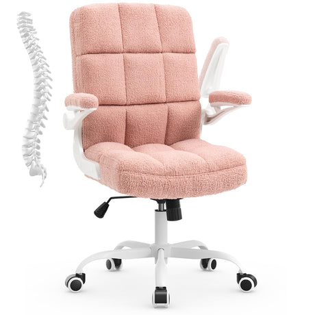 SEATZONE Home Office Chair Ergonomic Executive Desk Chair Comfortable Computer Chair with Flip-up Arms,Faux Fur Chair with Lumbar Support,Pink SEATZONE