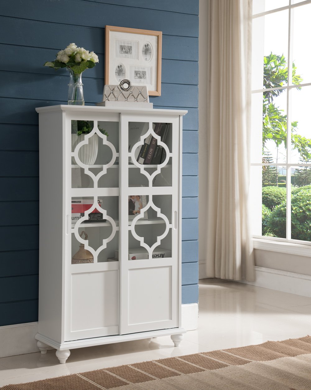 Kings Brand Furniture- Halswelle 2-Door White Curio Bookcase Cabinet with Glass Doors