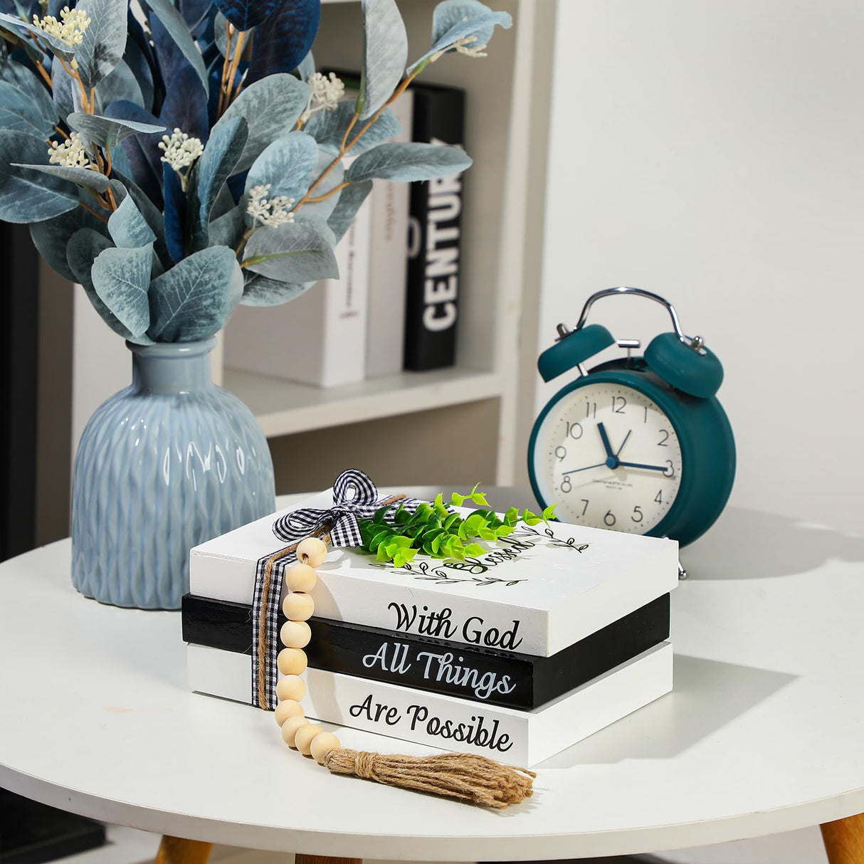 Capoda 3 Pcs Decorative Books for Home Decor Farmhouse Faux Stacked Books Wooden Rustic Decorative Books with Bead Garland Twine Ribbon Faux Leaf for Table(Blessed) Capoda