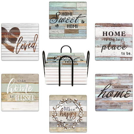 Britimes Coaster for Drinks Set of 6, Worn Wood Absorbent Square Ceramic Stone Mat, with Cork Base and Metal Holder, Gift for Housewarming Room Bar Decor Britimes