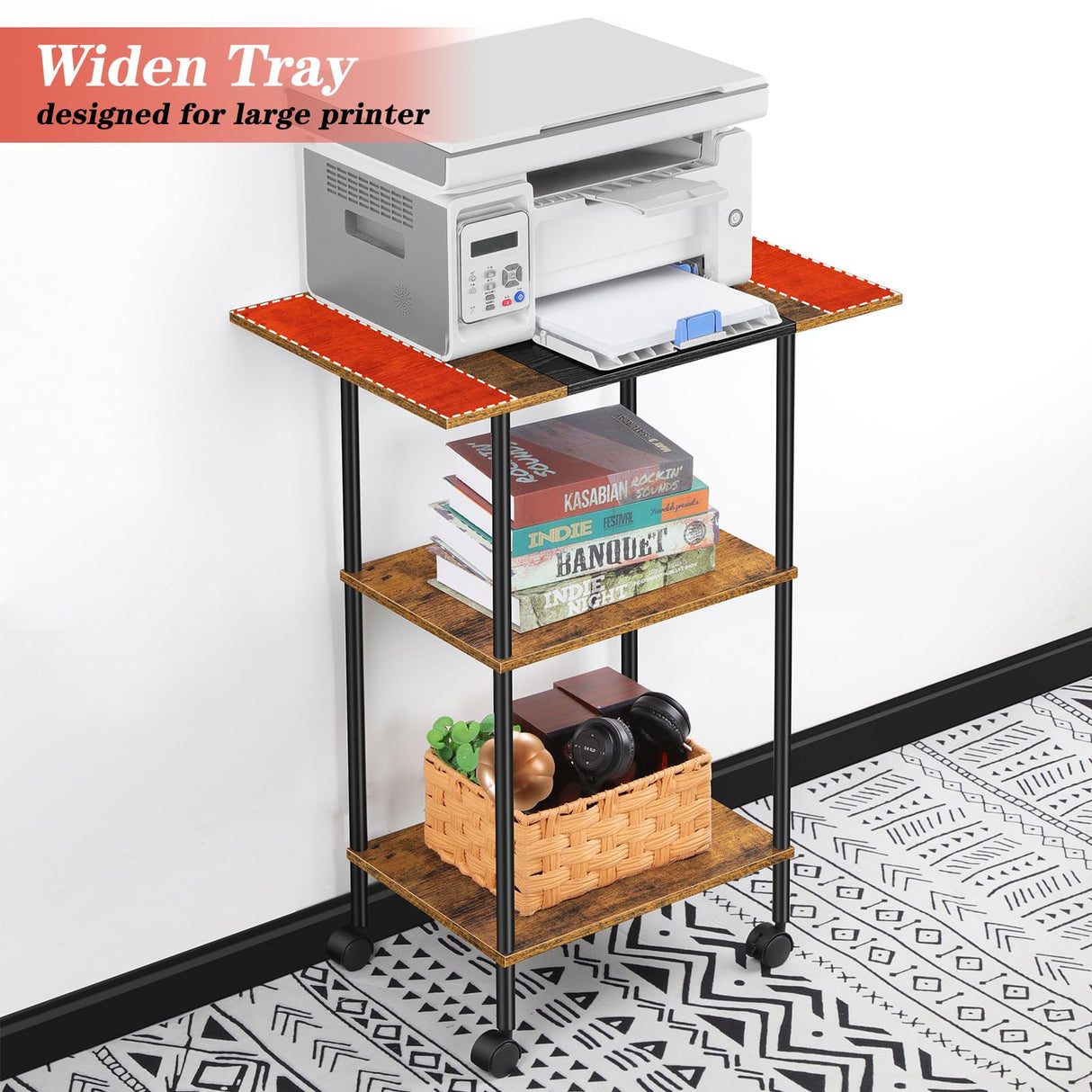 Luplom Large Printer Stand with Storage Rolling Printer Cart with Wheels 3 Tier Printer Table with Storage Shelf for Home Office Filing Scanner Fax Machine Heat Press Microwave Luplom