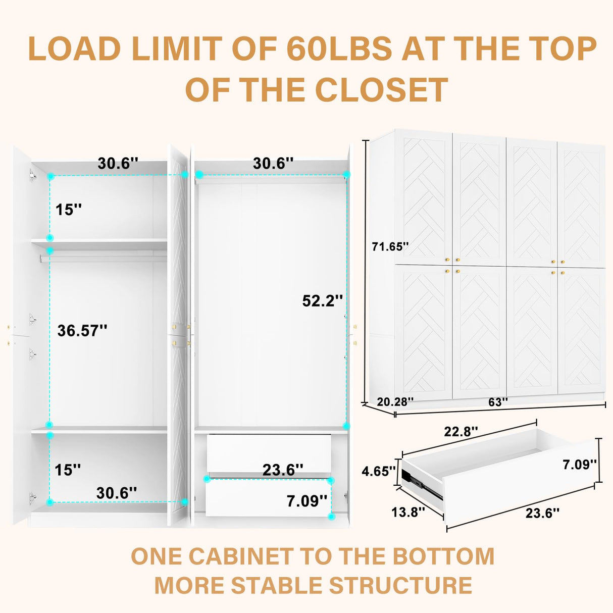 Wakefit Armoire Wardrobe Closet, 4 Doors Wooden Wardrobe Closet Cabinet, 78" Bedroom Armoires with Hanging Rod Shelf, Freestanding Wardrobe Cabinet for Bedroom, Guest Room, White Wakefit