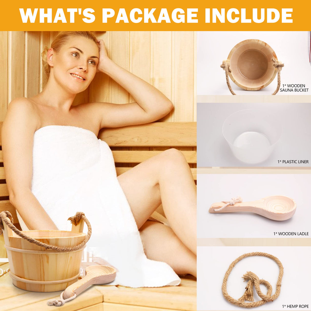 KAKUNM Sauna Bucket and Ladle 5 Liter (1.3 Gallon), Sauna Bucket, Finnish Pine Wooden Spa Accessories with Handmade Sauna Water Bucket, Plastic Liner and Rope Handle KAKUNM