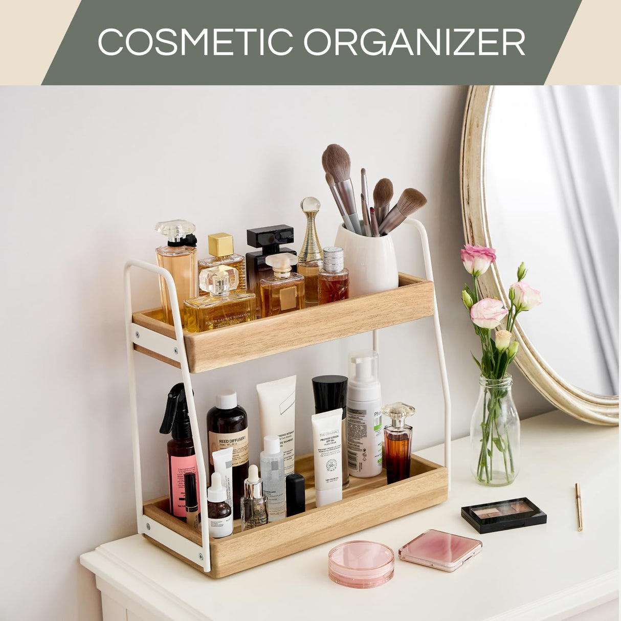 THYOI Acacia Wood 2-Tier Wooden Organizer Countertop, 15.4”x6.7”x14.6”, Natural White with White Steel, Two-Tier Bathroom Organizer, Storage Organizer, Wooden Organizer, Countertop Storage Shelf THYOI
