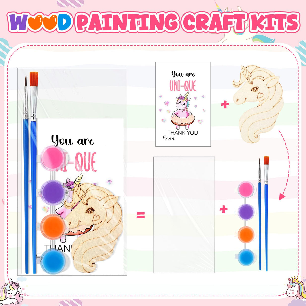 Leinuosen 28 Sets Unicorn Party Favors Wood Painting Craft Kits with Art Supplies and Inspirational Cards Thank You for Coming Gifts for Summer Birthday Party Goodie Bag DIY Prizes Leinuosen