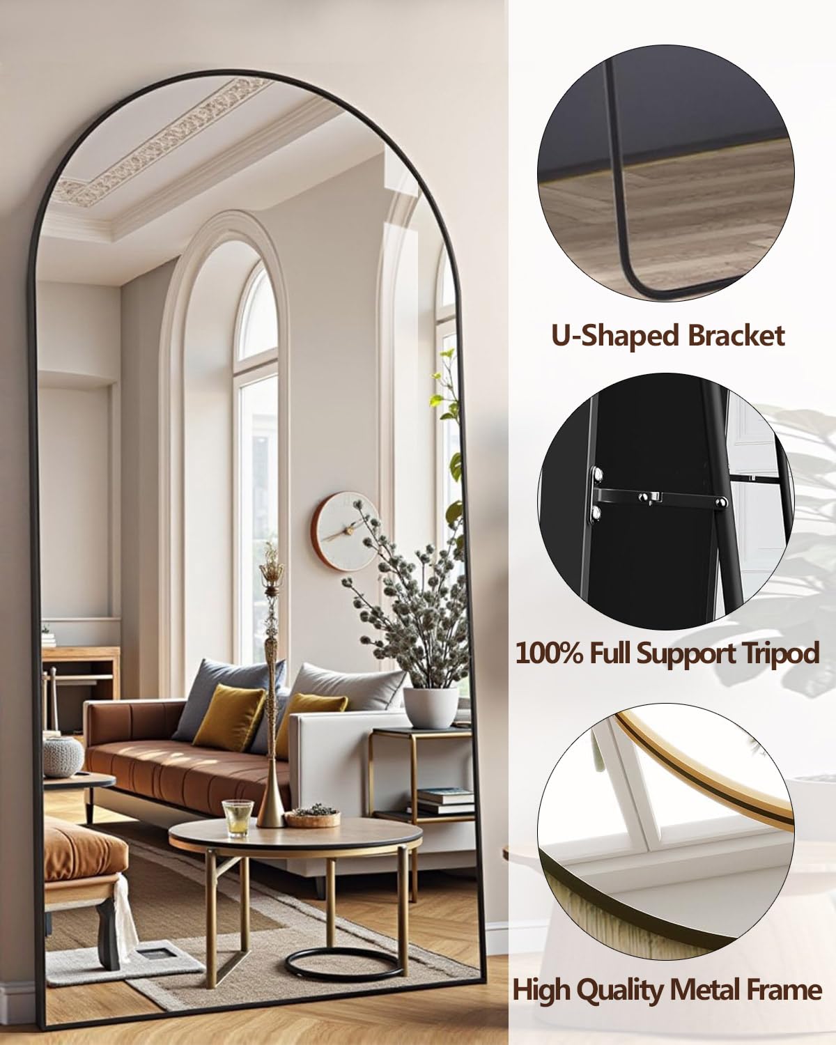 DMWOODFL 71"x26" Arched Full-Length Mirror with Explosion-Proof HD Glass – Oversized Floor or Wall-Mounted Full Body Mirror for Bedroom, Living Room, and Cloakroom (Black) DMWOODFL